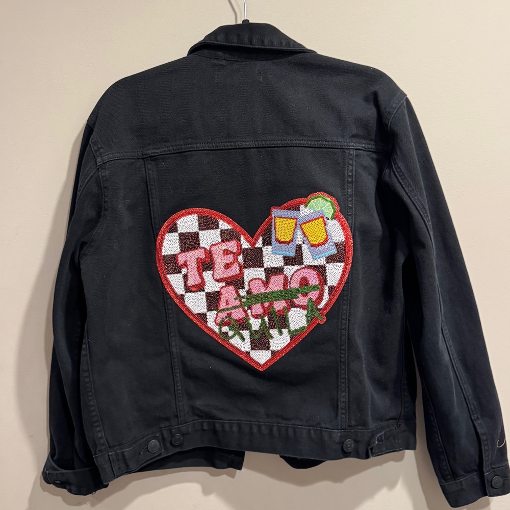 Galentines Day Upcycled Black Denim Jacket with Heart tequila Patch